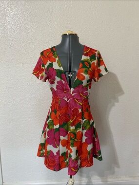 Vintage Tropical V-Neck Mini Dress in White with Pink & Orange Floral Print